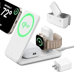 ESR Qi2 3 in 1 Wireless Charging Station，Travel for iPhone and Watch Charger Stand ，Made for Apple Watch Certified, MagSafe Charger for iPhone 15/14/13/12, AirPods Pro/3/2, Adjustable 2-Way, White