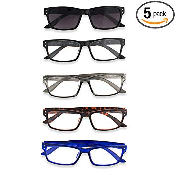 Inner Vision 5-Pack Reading Glasses Set for Men & Women - (1.0 x Magnification) - Includes: 1 Outdoor Reading Sunglasses   4 Clear Readers