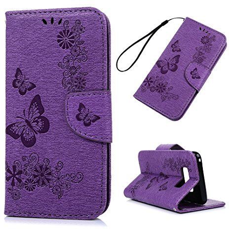 S8 Case Wallet, KASOS Embossed Flowers Butterfly Durable PU Leather Wallet Soft TPU Inner Magnetic Front Closure Kickstand Feature Card Holders & Hand Strap Cover Made for Samsung Galaxy S8 - Purple