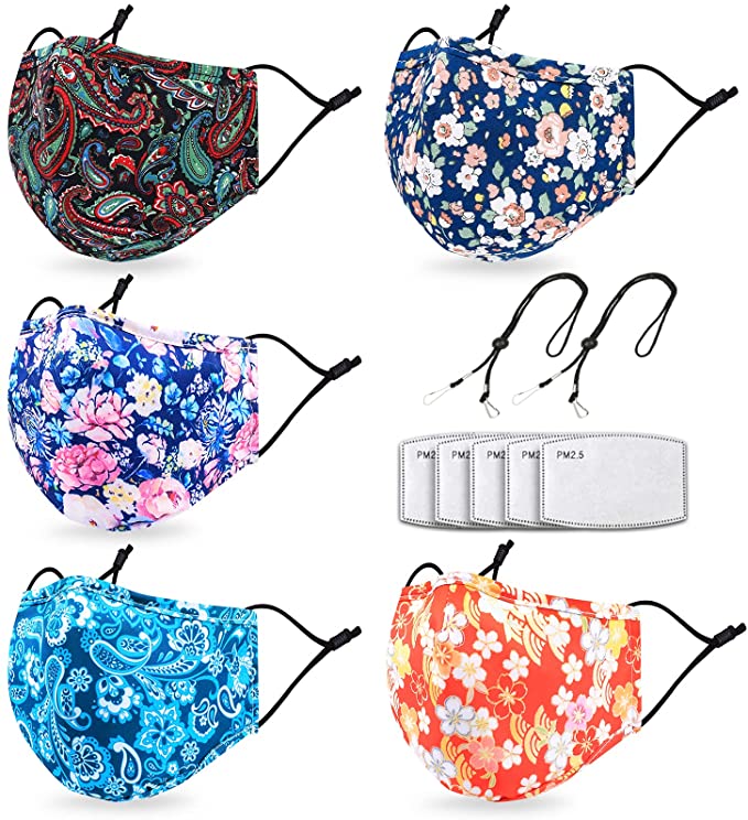 Washable Face Maks for Women with 2 Adjustable Lanyards,Nose Wire & Filter Pocket,Cloth Fabric with Fashionable Print(5 Pcs)