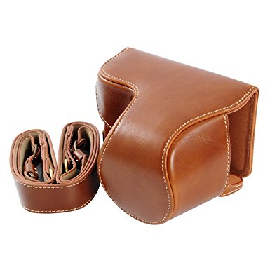 Hwota Handmate Premium PU Full Body Leather Camera Case Bag For Sony Alpha A6000 A6300 Fit 16-50mm Lens Neck Strap -Brown