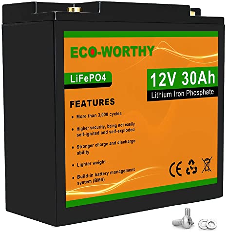 ECO-WORTHY 12V 30Ah Lithium Iron Phosphate Battery, Rechargeable LiFePO4 Battery Pack, 3000 Times Deep Cycle