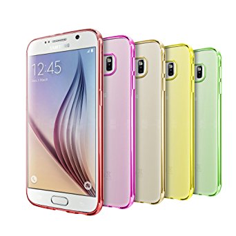 Samsung Galaxy S6 Case, 5 Pack Ace Teah [ Ultra - Thin ] Protective Cover Slim Fit Flexible TPU Vibrant Trendy Color Transparent Cell Phone Case for Samsung Galaxy S6 - Red, Plum, Green, Gold, Yellow