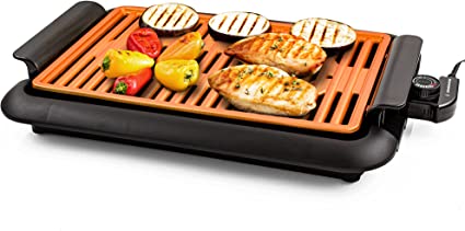 Ovente Electric Indoor Grill with 15 x 10-inch Non-Stick Cooking Plate, Dishwasher-Safe Base and Removable Drip Tray, Adjustable Temperature Knob, Copper GD1510NLCO