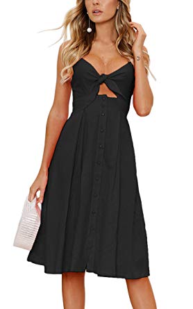 ECOWISH Womens Dress Summer Tie Front V-Neck Spaghetti Strap Button Down A-Line Backless Swing Midi Dress