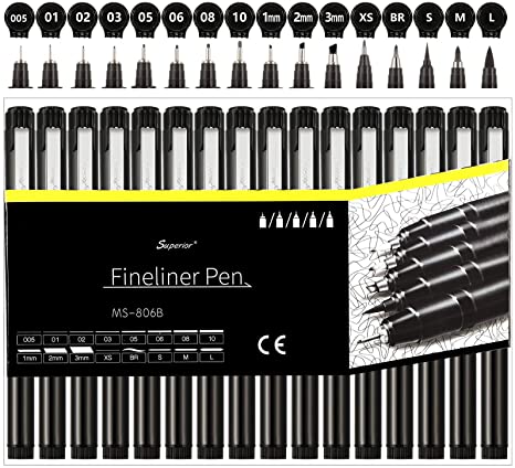 16 Sizes Black Fineliner Ink Pens Waterproof Micro Liner Ink Pen Pigment Drawing Pen for Art Sketching, Drawing, Water Color Illustration, Journal, Comic, Scrapbook, Office Documents