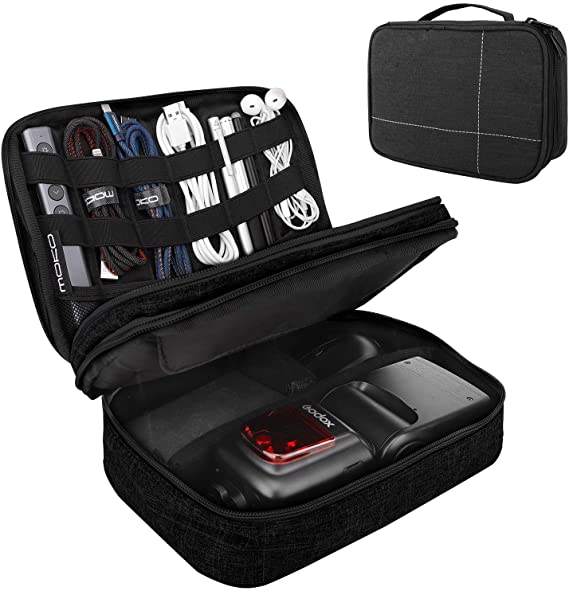 MoKo Electronics Organizer Bag, [Double Layer] Travel Universal Electronics Accessories Case, Waterproof Travel Cables Storage Box Fit iPad Mini, Smartphone, Flash Driver, Charger and More - Black