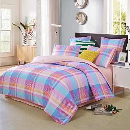 Softta Cal King Size 3Pcs Duvet Cover Set Boho Colorful Lattice Stripe 100% Egyptian Cotton Student Girls Bedding Set Pink Red Orange