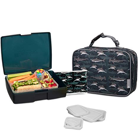 Bentology Lunch Bag and Box Set for Boys - Includes Insulated Sleeve with Handle, Bento Box, 5 Containers and Ice Pack - Sharks