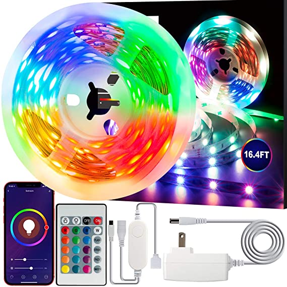 Swtroom LED Stripe Lights Works with Alexa Google Home WiFi RGB LED Light Strips 16 Million Colors Music Sync 5050 LED Light with Remote App Control for Bedroom/Bar/Party/Home Decoration (16.4ft)