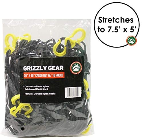 Grizzly Gear Large Bungee Cargo Net w 16 Durable Nylon Hooks -7" Mesh Stretches to 7.5' x 5' - All Purpose, Weatherproof Trailer Net -Compatible w All Truck Beds
