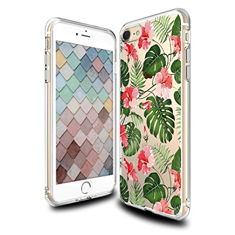 iPhone 7 Floral Case, Crystal Clear with Design Cute Tropical Floral and Palm Texture Bumper Protective Case for Apple iPhone 7 4.7 Inch Gel Soft TPU Silicone Material Slim Shockproof Flower Cover