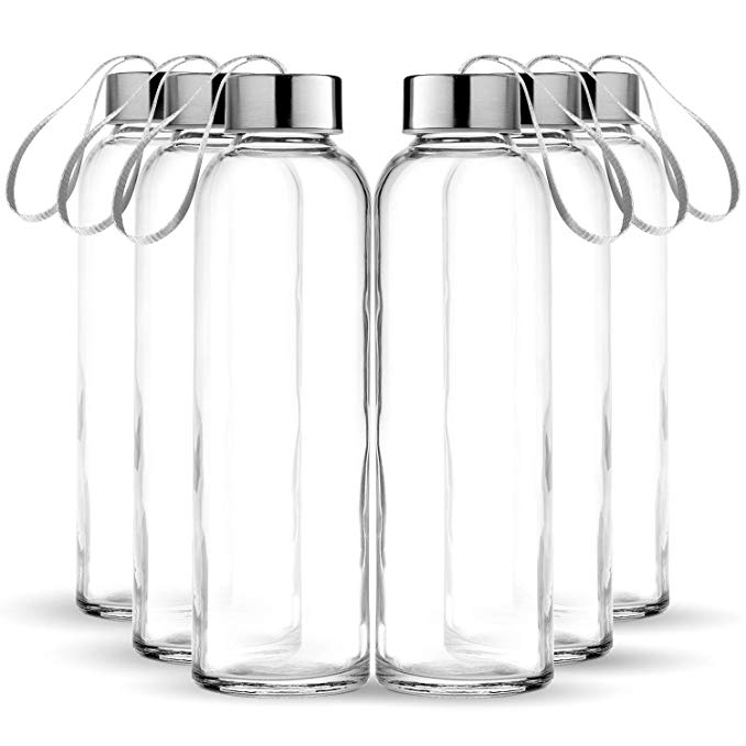 Chef's Star Glass Water Bottle 6 Pack 18oz Bottles for Beverages and Juicer Use Stainless Steel Leak Proof Caps with Carrying Loop - Including 6 Black Nylon Protection Sleeve