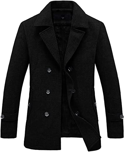 RongYue Men's Winter Double Breasted Wool Blend Coat Classic Pea Coat