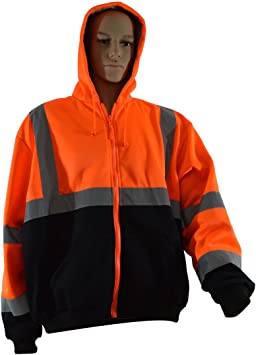 Petra Roc OBHSW-C3-L Thermal Lined Sweatshirt Hoodie Orange/Black Two Tone, ANSI 107-Class 3, 2 Slash Pockets, Zipper Closure, L