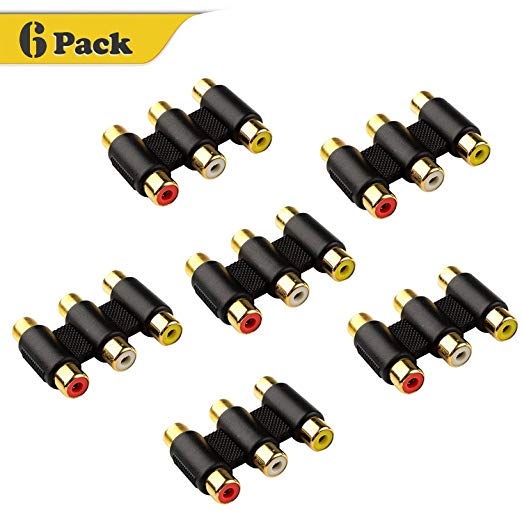 Warmstor 6 Pack Gold Plated 3-RCA Female to Female Coupler Adapter White/Red/Yellow