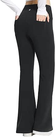 BALEAF Womens Cotton Yoga Dress Pants Flare Leggings with Pockets Work Office High Waist Bell Bottom Bootcut Tall 32"