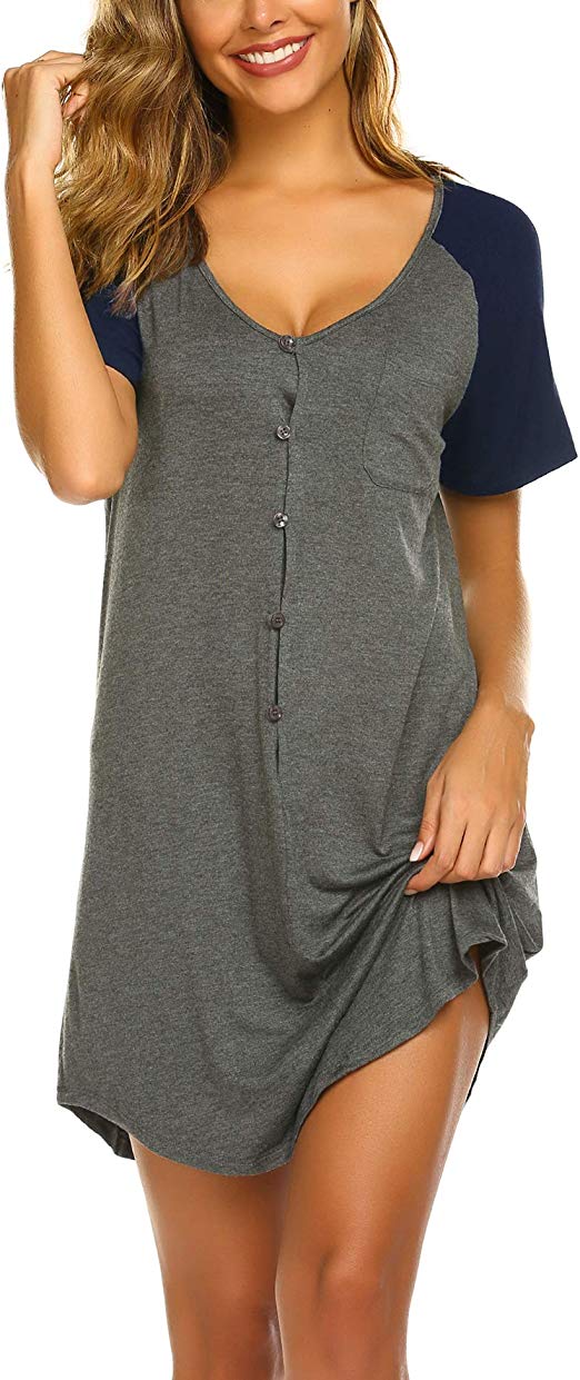 Ekouaer Womens Nightshirt V Neck Boyfriend Sleepwear Shirts Loose Sleeve Button Sleep Tee S-XXL