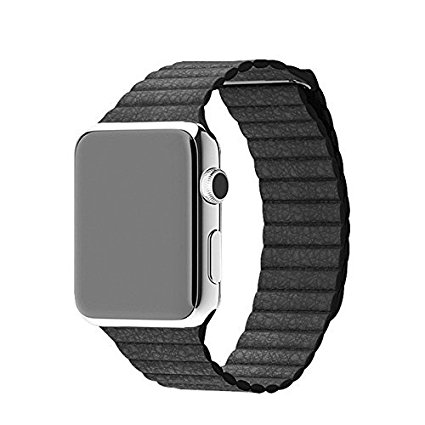 Covery Genuine Leather Loop with Magnetic Closure Bracelet Strap Replacement Band for Apple Watch - Black 42mm