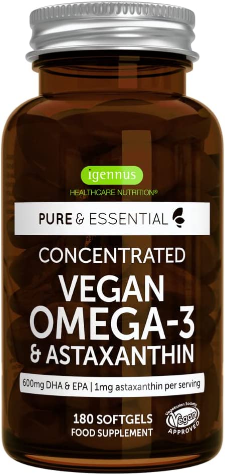 Pure & Essential Vegan Omega 3, 600mg DHA EPA, Pure & Sustainable Algae Oil Plus Astaxanthin, Heart, Brain & Eye Health, 180 Small Softgels