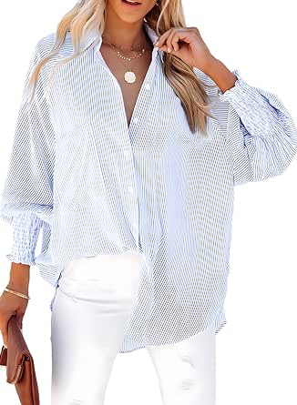 Dokotoo Womens V Neck Striped Button Down Shirts Long Sleeve Tunic Tops