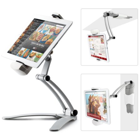 Kitchen Tablet Mount Stand, iKross 2-in-1 Kitchen Wall / CounterTop Mount Stand for 7 to 12 Inch Tablet Fits with iPad Air, iPad Mini, Samsung Galaxy Tab S2, Microsoft Surface, ASUS ZenPad and more - White/Silver