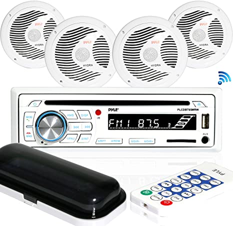 Marine Stereo Receiver Speaker Kit - in-Dash LCD Digital Console Built-in Bluetooth & Microphone 6.5” Waterproof Speakers (4) w/ MP3/USB/SD/AUX/FM Radio Reader & Remote Control - Pyle PLCDBT85MRW