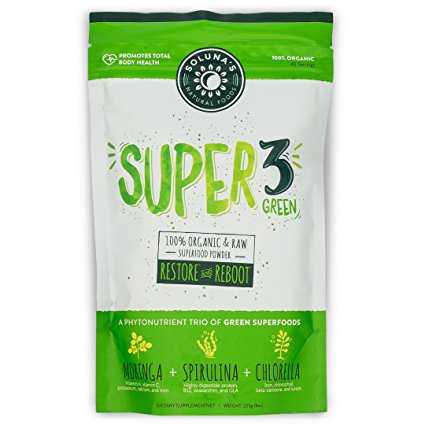 Super 3 Green - Organic and Raw Greens Superfood Powder, Spirulina, Chlorella, and Moringa Leaf (45 Servings)