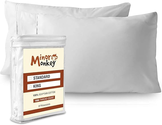 Minor Monkey Egyptian Cotton 1000 Thread-Count 2 Pillowcases, Enhance Your Sleeping Experience Now (Standard, White)