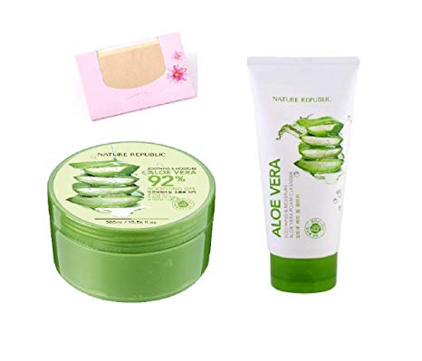 BUNDLE - Nature Republic New Soothing Moisture Aloe Vera GEL 92% 300ml + Nature Republic Soothing & Moisture Aloe Vera Foam Cleanser 150ml + SoltreeBundle Natural Hemp Paper 50pcs