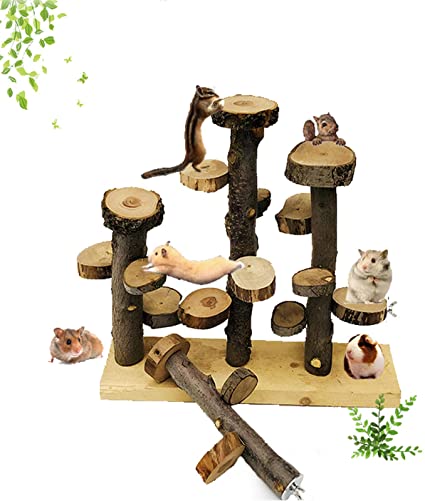 kathson Hamster Climbing Toy Wooden Stand Platform,Pet Natural Living Climb System Natural Apple Wood Chew Toys Playground Activity Set Platform Natural Hideout for Mouse,Gerbil, Small Animals