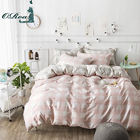 ORoa Pink White Gingham Duvet Cover Set Twin Reversible Quilt Cover for Girls Bedding Set for Kids Teens, Style 1