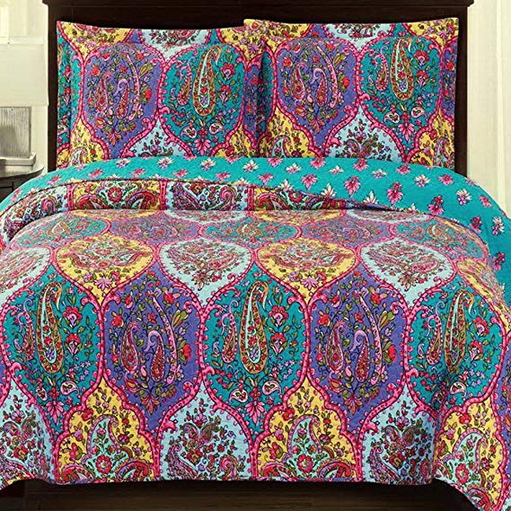 Bedspread Coverlet Quilt Sham Set Single Bed Twin/Twin XL Size Extra Long Mandala Medallion Paisley Pattern Blue Purple Lightweight Reversible Wrinkle Free Hypoallergenic Bedding-Includes Sheet Straps