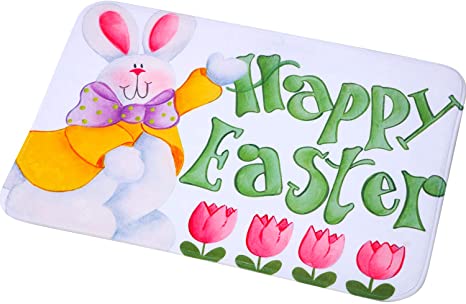 Happy Easter mat Spring Bunny Door Mat Flower Easter Doormat Easter Indoor Outdoor Welcome Doormat, 23.6 x 15.7 Inch