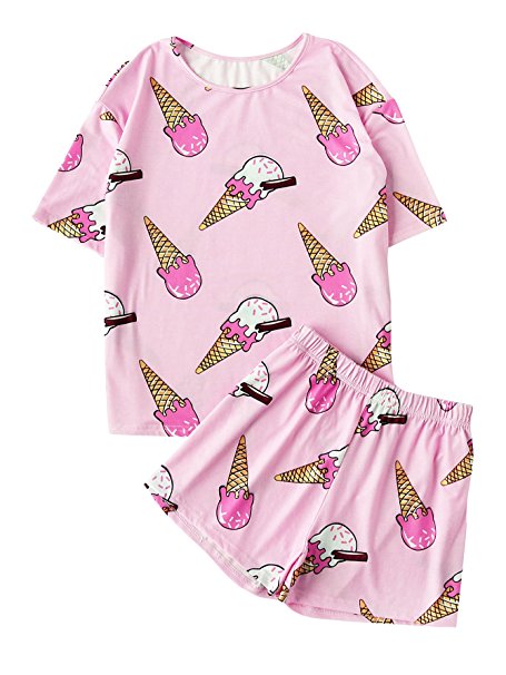 DIDK Women's Cute Cartoon Print Tee and Shorts Pajama Set