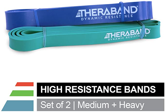 TheraBand High Resistance Bands, Set of 2 Elastic Super Bands for Improving Flexibility, Injury Rehab, Full Body Workouts, Heavy Duty Stretch Bands for Lifting, 1 Light & 1 Medium Band