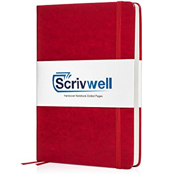 Scrivwell Dotted A5 Hardcover Notebook - 240 Dotted Pages with elastic band, two ribbon page markers, 100 GSM paper, pocket folder - great for bullet journaling (Red)