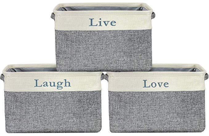 Sorbus Storage Basket Set [Pack 3] Large 15 x 10 x 9 Live Laugh and Love, Big Rectangular Fabric Collapsible Organizer Bins with Carry Handles for Easy Use (Storage Grey Bins - Lowercase Text)