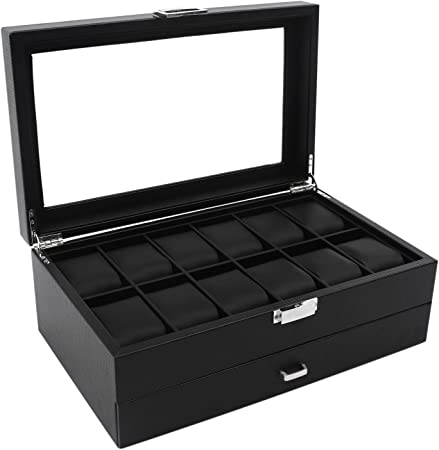 12 Watch Box with Valet Drawer for Men, Luxury Watch Case Display Organizer with Real Glass Top-Carbon Fiber Design, Metal Buckle, Multipurpose Watch Storage Box for Watches, Black, 13.8*8.3*5in