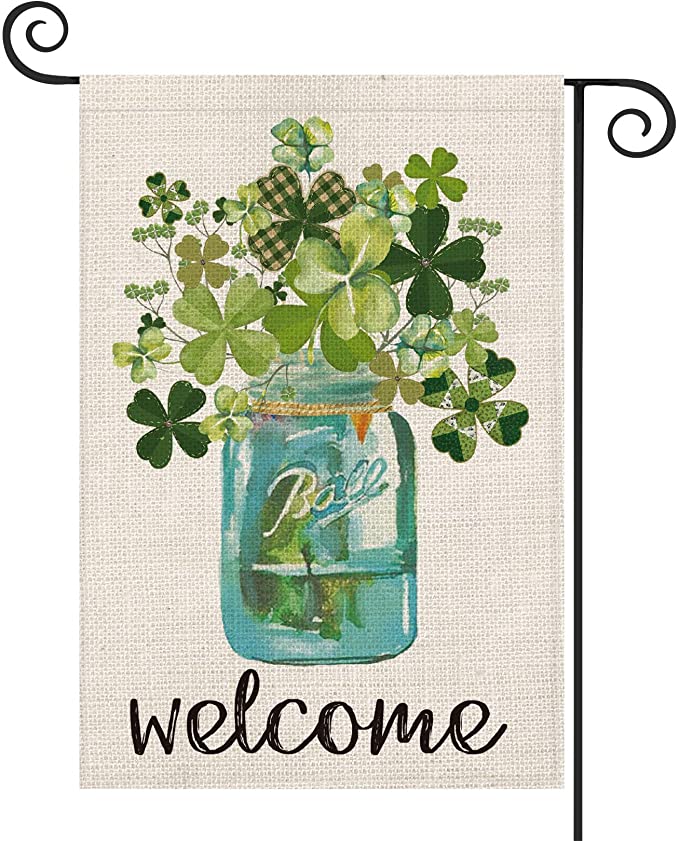 AVOIN Welcome Watercolor Lucky Clover St Patrick's Day Garden Flag Vertical Double Sided, Shamrock Jar Yard Outdoor Decoration 12.5 x 18 Inch