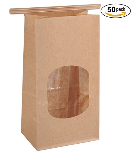 BagDream Bakery Bags Wax Kraft Paper Bags 50Pcs 3.54x2.36x6.7" Tin Tie Tab Lock Bags Brown Window Bags