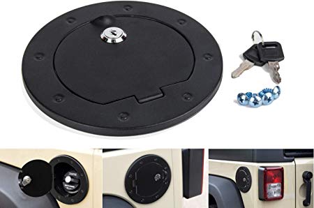 Upgraded Aluminum Locking Gas Cap Fuel Filler Door Cover for 2007-2017 Jeep Wrangler JK & Unlimited Sport Rubicon Sahara Non Fading Fastness Powder Coated Steel Black with Key