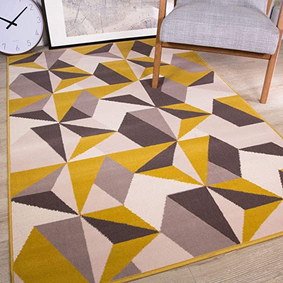 Milan Ochre Mustard Yellow Grey Beige Geometric Kaleidoscope Traditional Living Room Rug