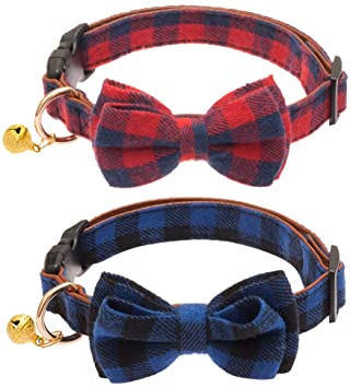 OFPUPPY Adjustable Bowtie Small Dog Collar with Bell Classic Plaid Puppy Collars 2 Pack