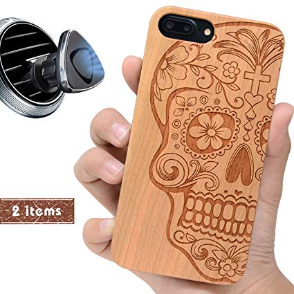 iProductsUS Skull Phone Case Compatible with iPhone 8 7 6/6S Plus (ONLY) and Magnetic Mount-Real Wood Cases Engraved Cool Sugar Skull Built in Metal Plate, TPU Protective and Magnetic Cover (5.5")