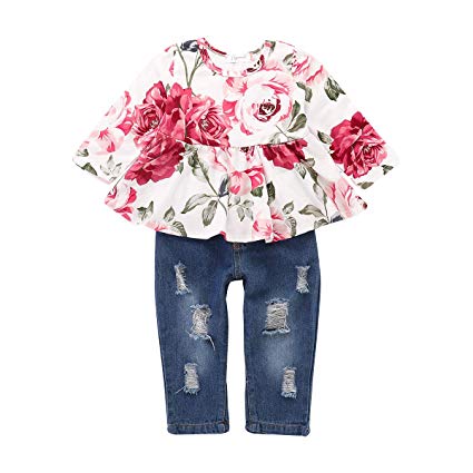 Girls Pants Set Infant Ripped Jeans Floral Long Sleeve T Shirt Tops Toddler Ruffle Outfits for Fall