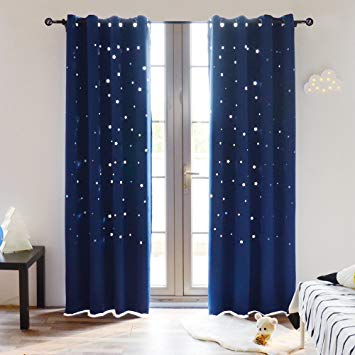BUZIO A Pair Twinkle Star Kids Room Curtains with 2 Tiebacks Thermal Insulated Blackout Curtains with Punched Out Stars for Space Themed Nursery and Bedroom (52 x 84 Inches, Royal Blue)