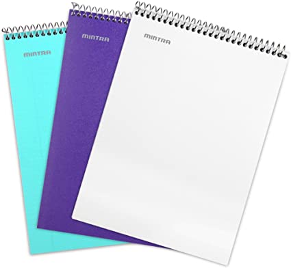 Mintra Office Top Bound Durable Spiral Notebooks - (Teal, Purple, White, College Ruled) 3 Pack - - Strong Back, Left-Handed, 100 Sheets, Moisture Resistant Cover, School, Office, Business, Professional