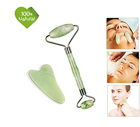 Jade Roller for Face and Gua Sha Scraping Massage Tool Set GEJULIC Jade Roller for Face Real Jade 100% Jade Facial Roller
