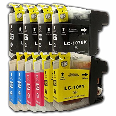YoYoInk Compatible Ink Cartridges Replacement for Brother LC-107 & LC-105 XXL High Yield, 10 Pack (4 Black, 2 Cyan, 2 Magenta, 2 Yellow) - With Ink Level Display Indicator